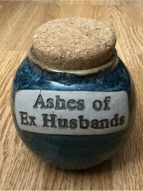 Ceramic Ashes of Ex Husbands Jar in Deep Blue with Cork Lid